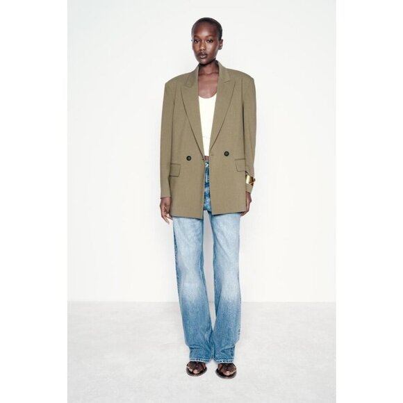 ZARA Womens Blazer Jacket Double-Breasted Oversize Pockets Long‎ Sleeve Khaki XS - Picture 3 of 16